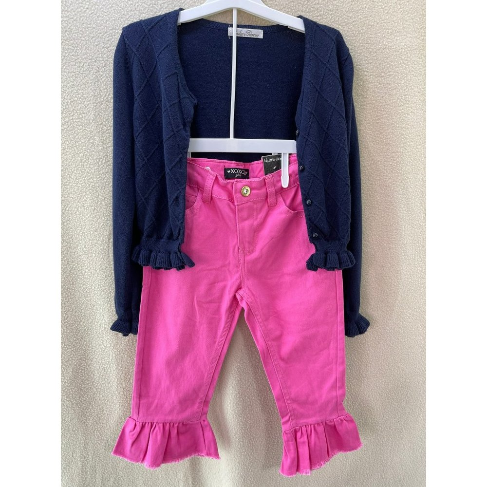 Couture Princess/XOXO Cardigan & Pink Ruffle Pants Outfit (2-Piece Set) 6/8